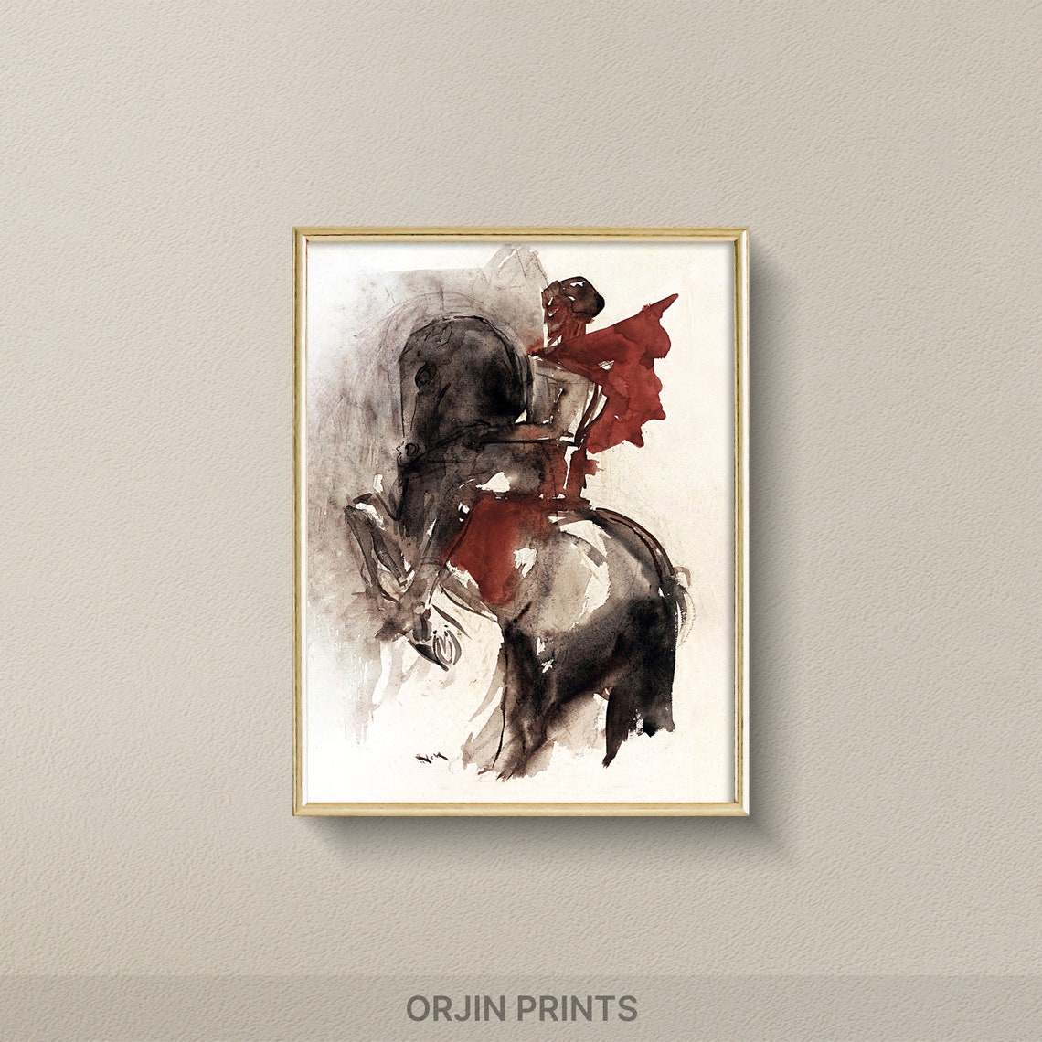Expressive Knight Horseback Crimson Banner Ink Wash Art Poster