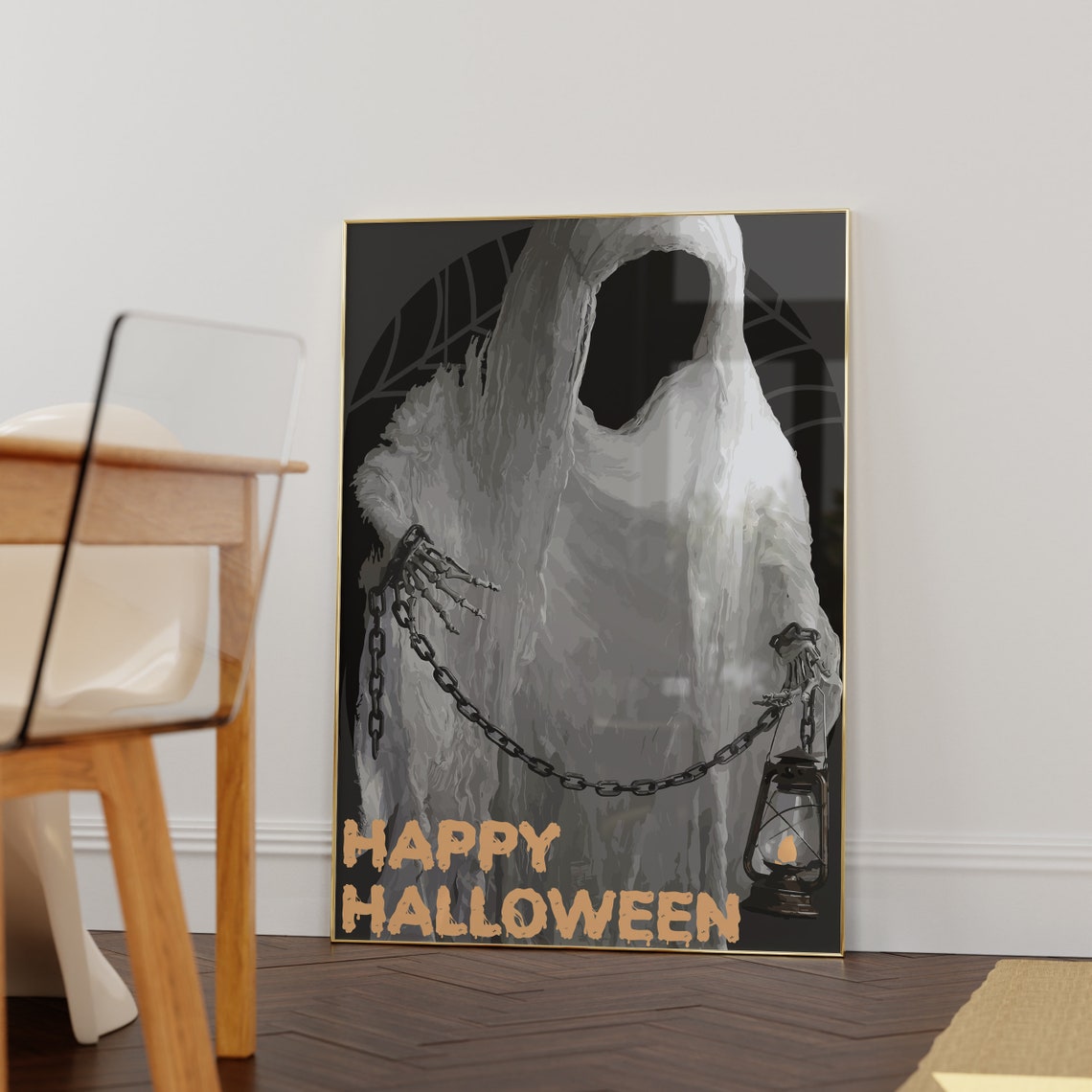 Happy Halloween Ghost In Chains Lantern Dark Spooky Vintage Poster
