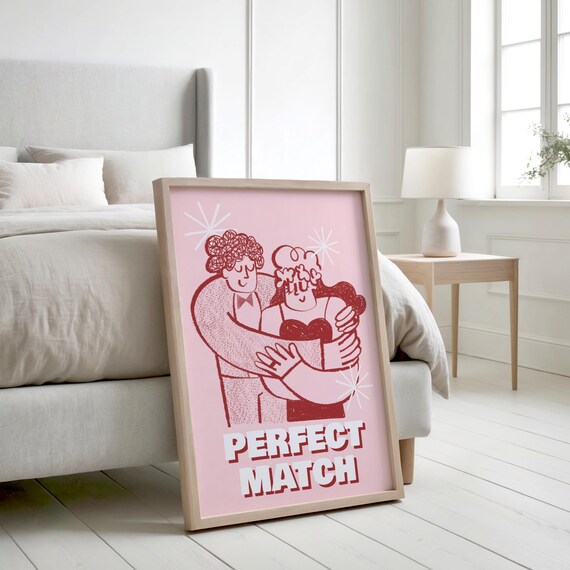 Perfect Match Pink Hugging Couple Retro Valentines Love Poster