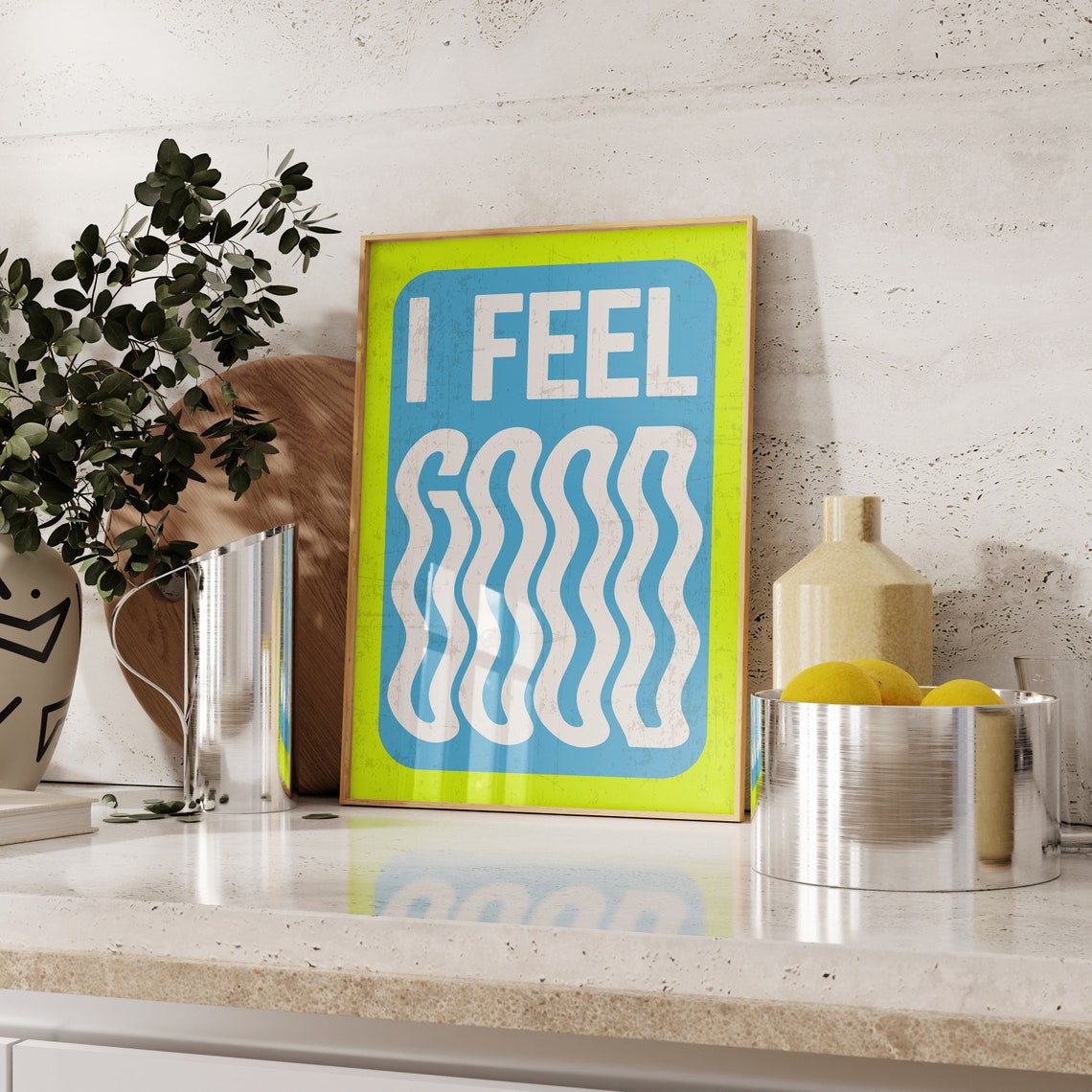 I Feel Good Wavy Letters Blue Green Retro Maximalist Quote Poster - Image 2