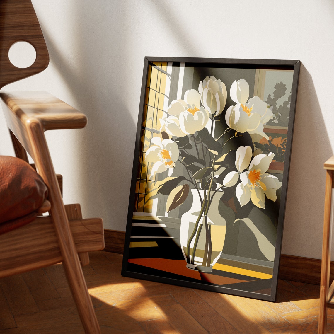 Pure White Tulips Sunlit Window Vase Floral Illustration Poster - Image 4