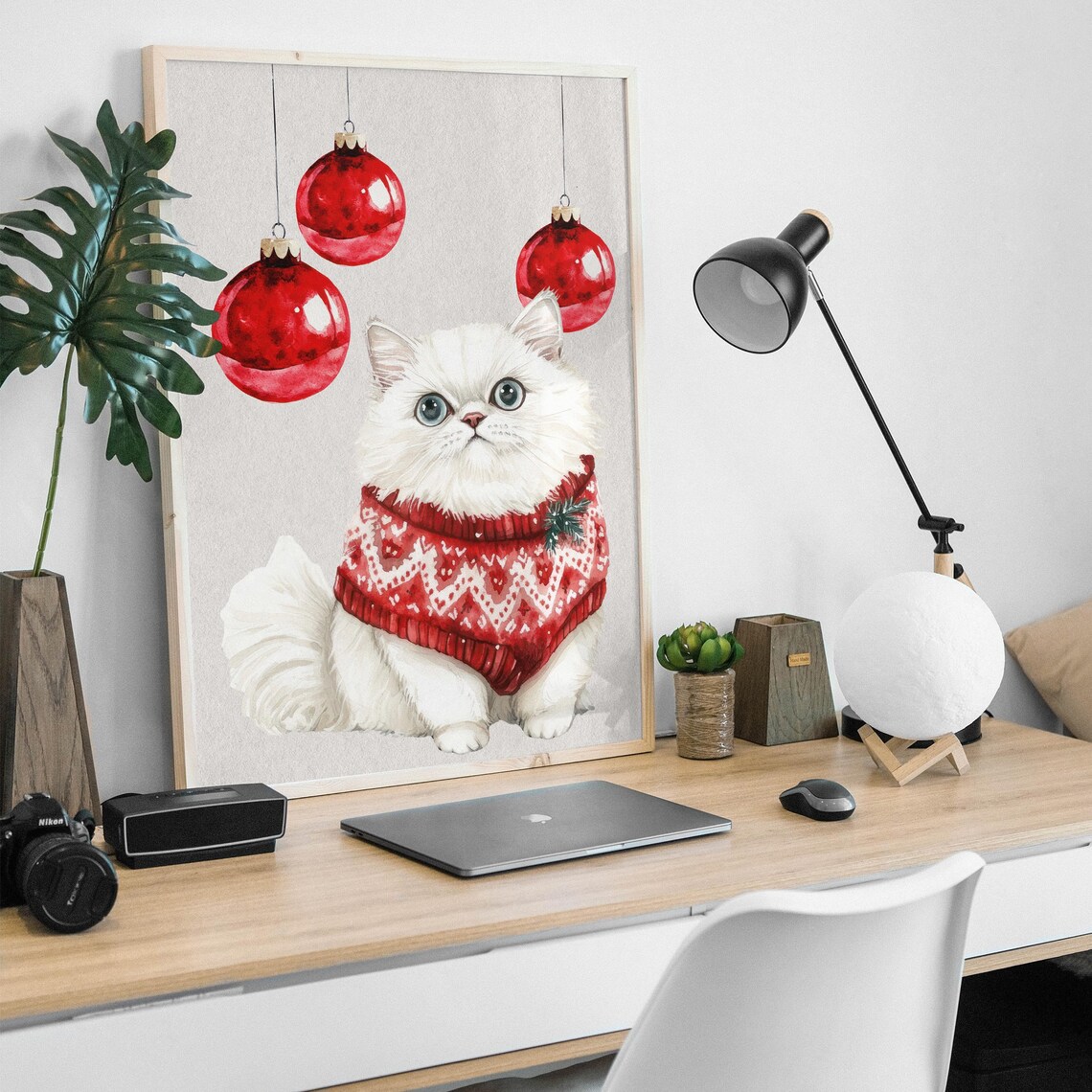 White Persian Cat Christmas Sweater Red Baubles Cute Wall Poster - Image 4