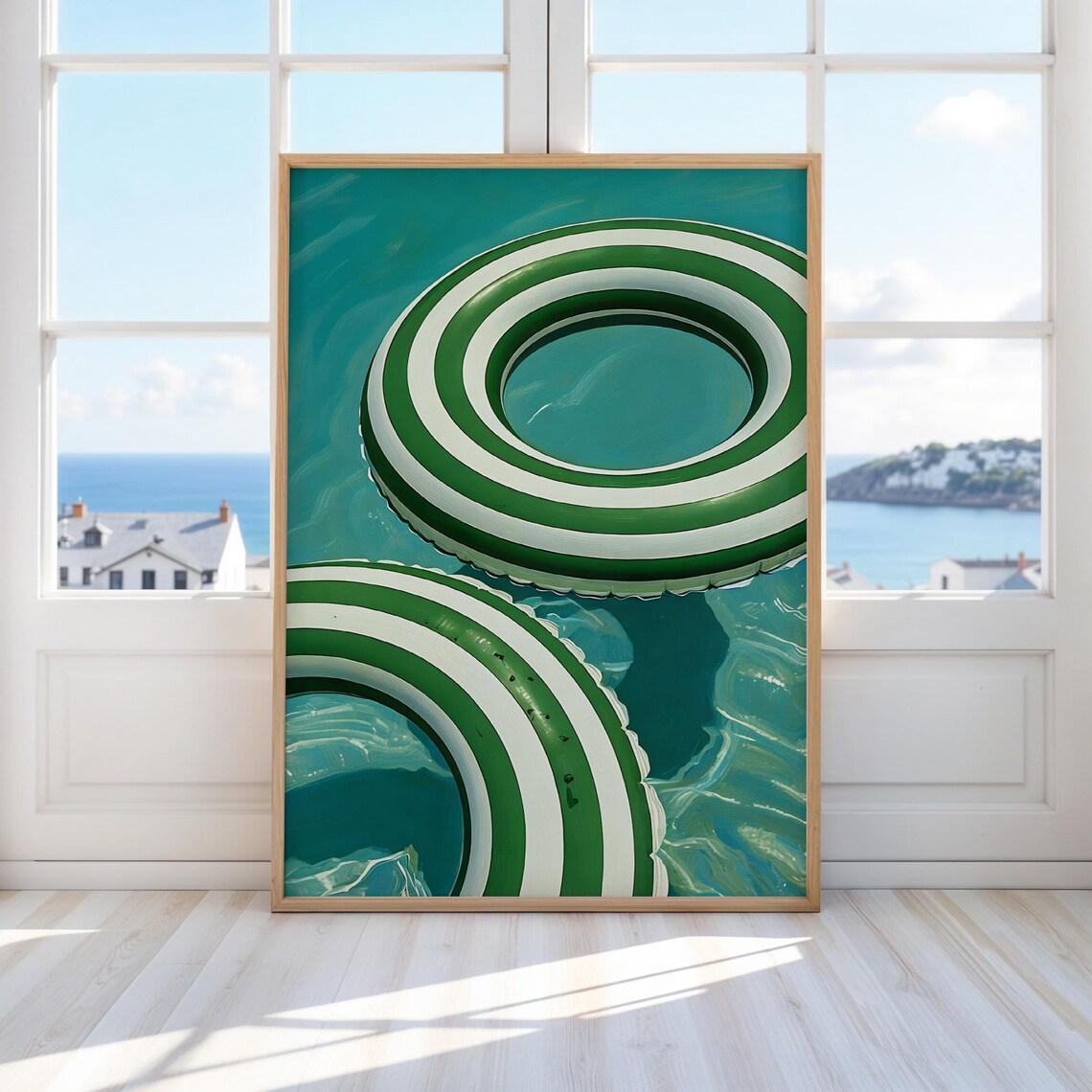 Green Striped Pool Floats Turquoise Water Summer Pool Party Poster