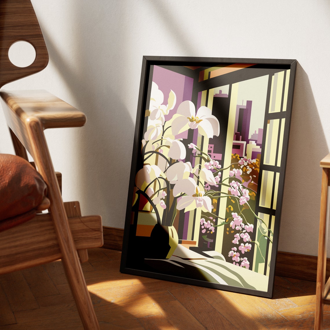 Dreamy Pink Orchids City Window View Floral Illustration Poster - Image 4