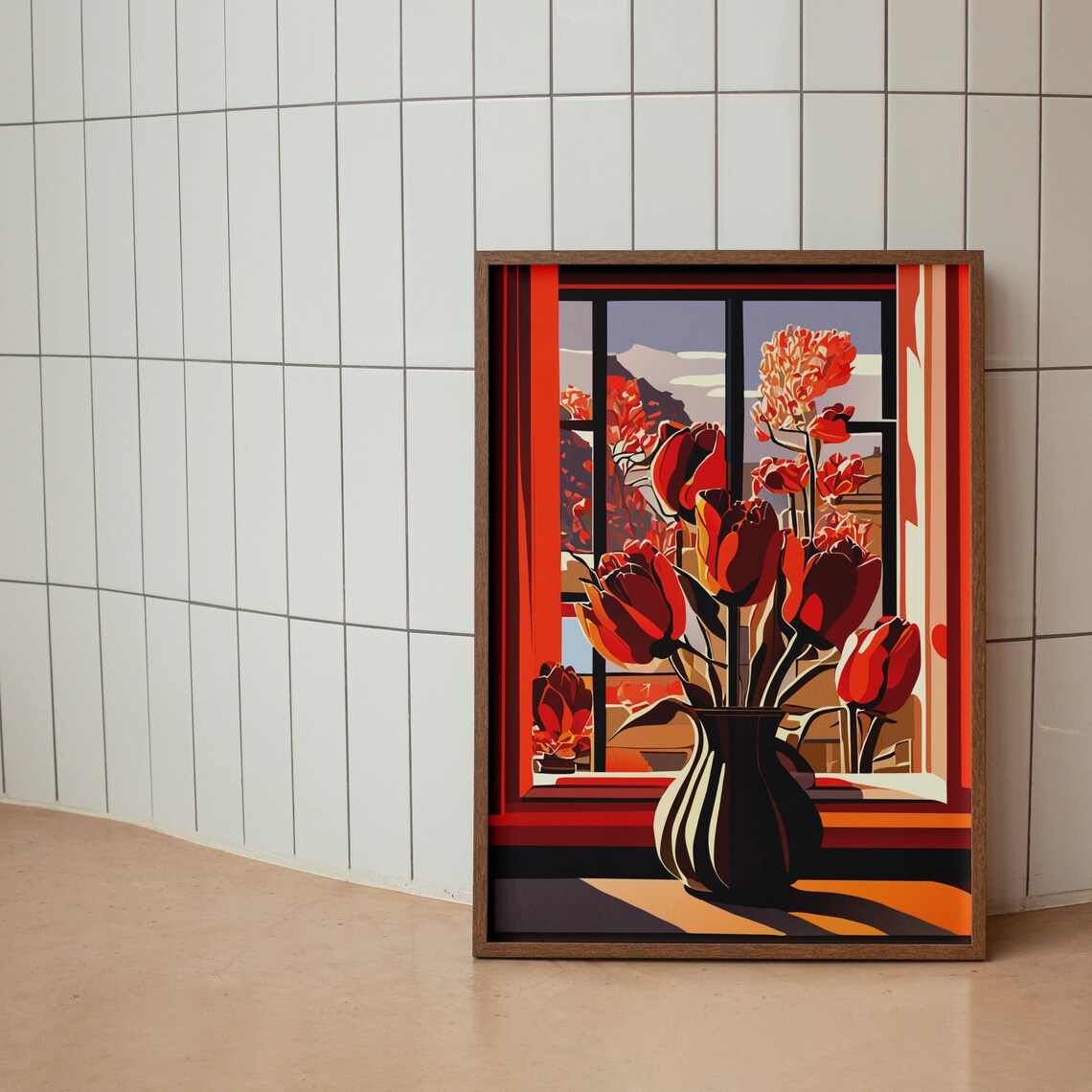 Red Tulips In A Vase Warm Window Light Floral Illustration Poster - Image 2
