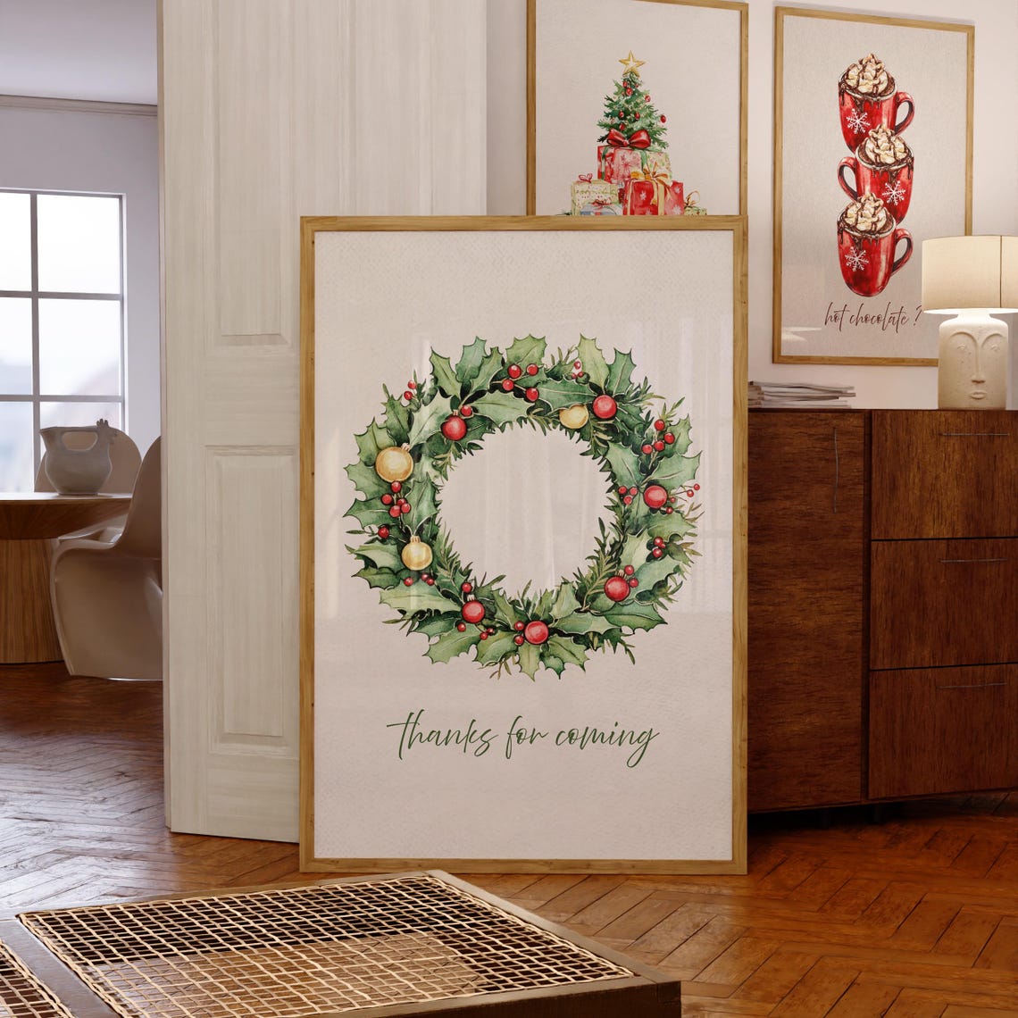 Christmas Wreath Holly Berries Thanks For Coming Wall Poster