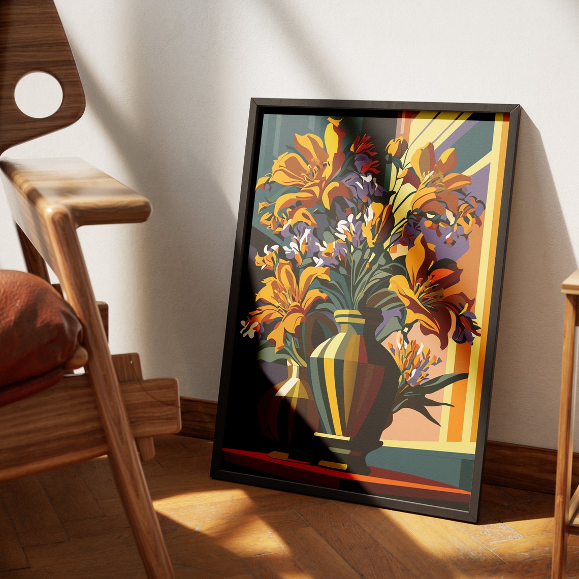 Sunny Yellow Lilies In Striped Vases Floral Illustration Poster - Image 4