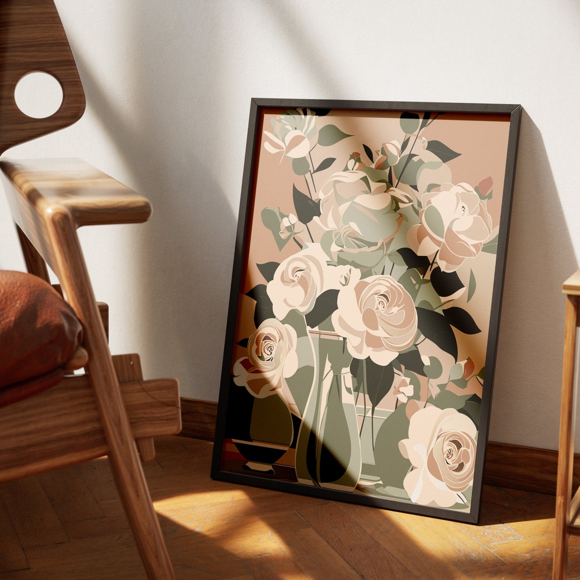 Soft Blush Roses In Vases Sage Neutral Floral Illustration Poster - Image 4