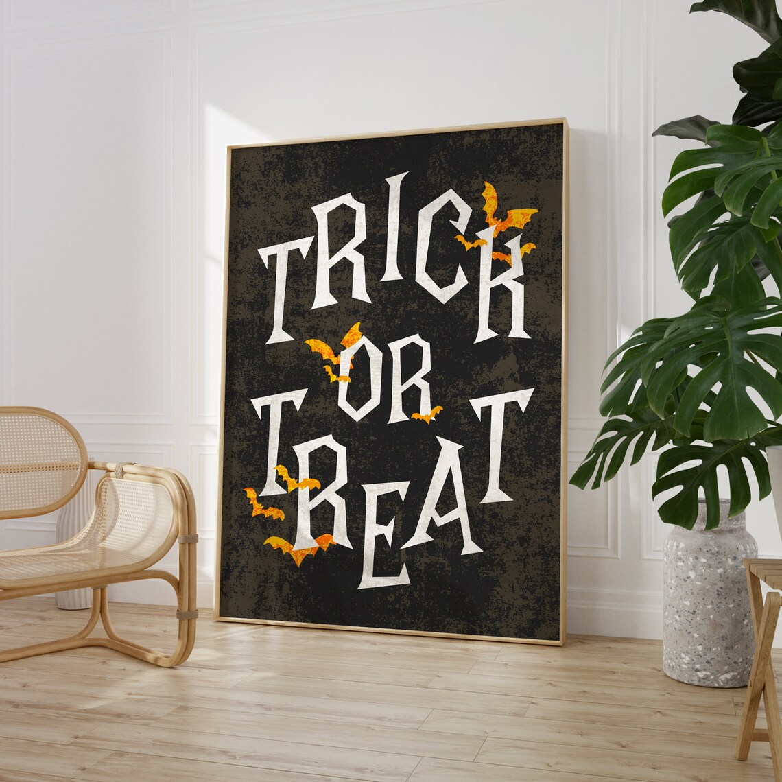 Trick Or Treat Spooky Bats Black White Vintage Halloween Quote Poster - Image 4