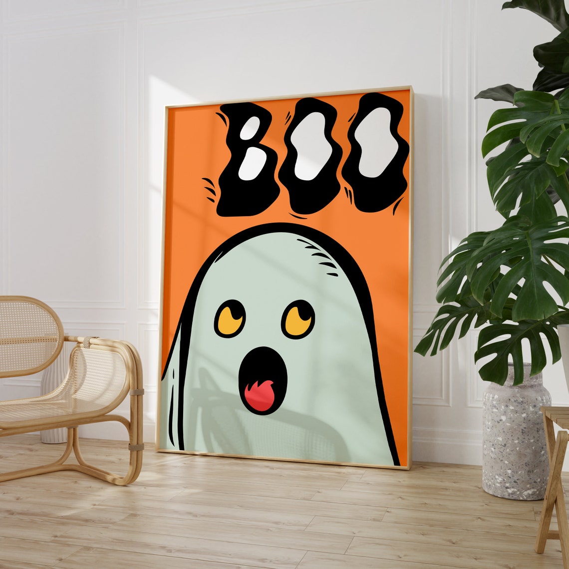 Boo Cute Ghost Halloween Spooky Orange Cartoon Character Art Poster