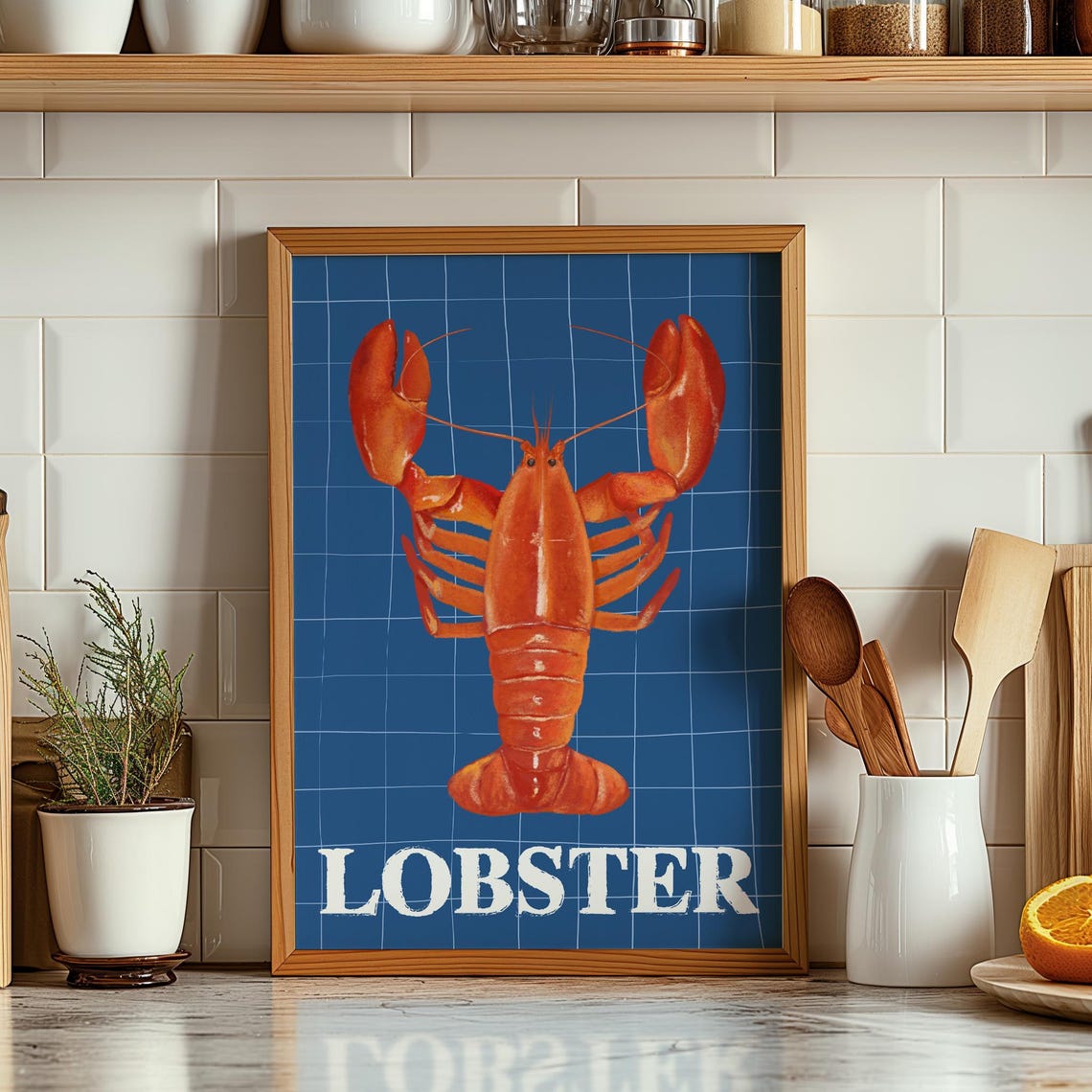 Bold Red Lobster On Navy Grid Retro Seafood Kitchen Art Poster