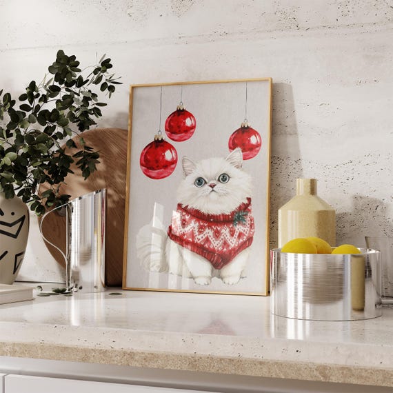 White Kitten In Red Sweater Christmas Watercolor Poster Cat Print Merry Christmas Art Xmas Home Decor Animal Prints Cute Pet Portrait