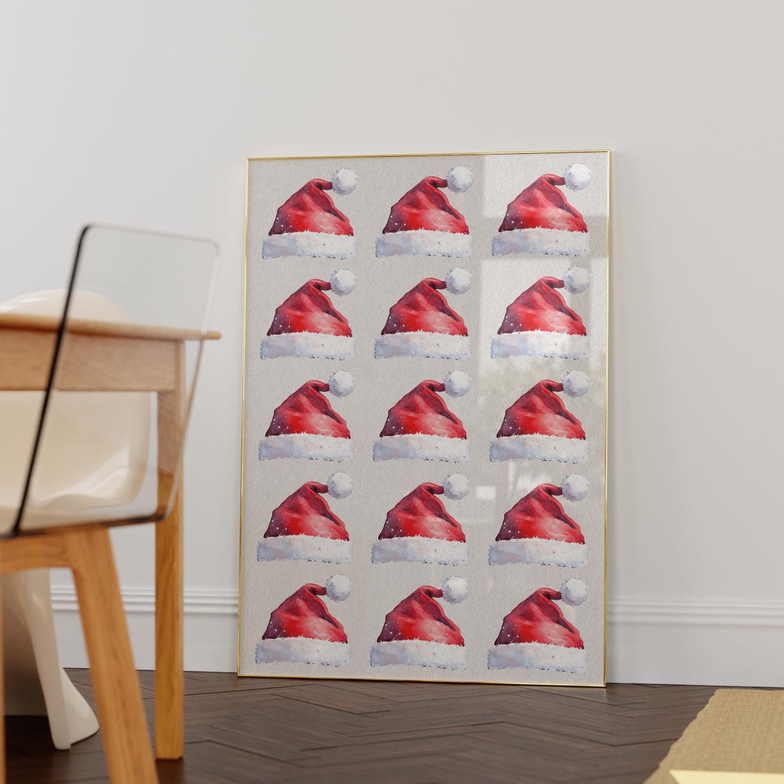 Watercolor Santa Hats Repeating Christmas Pattern Holiday Wall Art - Image 6