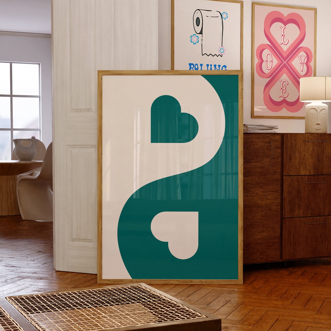 Teal White Yin Yang Hearts Minimalist Love Symbol Wall Poster - Image 7
