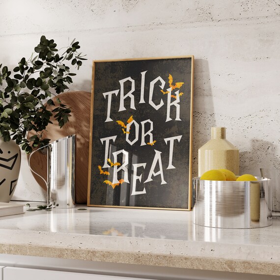 Trick Or Treat Spooky Bats Black White Vintage Halloween Quote Poster