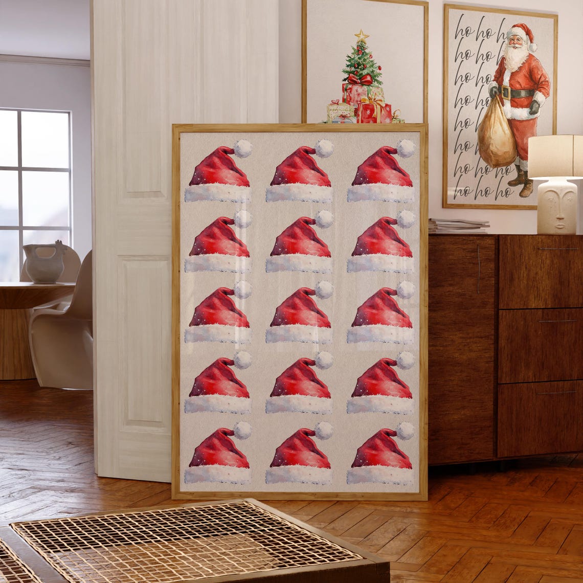 Watercolor Santa Hats Repeating Christmas Pattern Holiday Wall Art