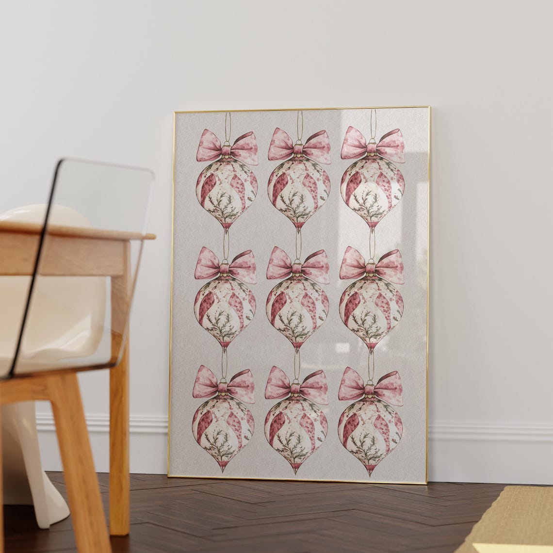Pink Bow Christmas Ornaments Grid Chinoiserie Style Wall Poster - Image 6