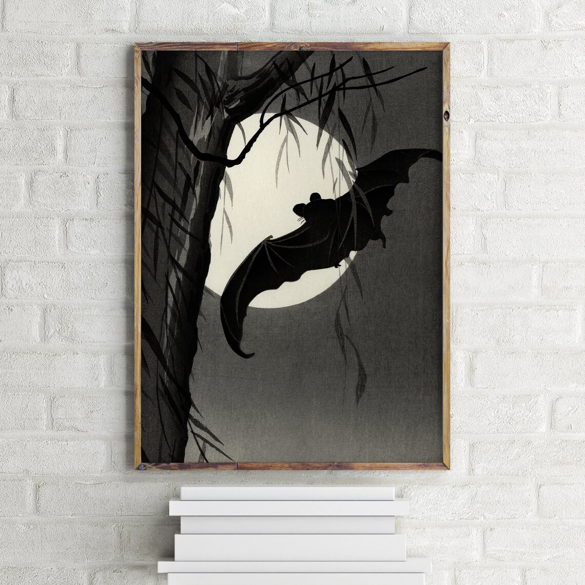 Bat Under Full Moon Japanese Woodblock Style Night Wildlife Wall Art - Image 4
