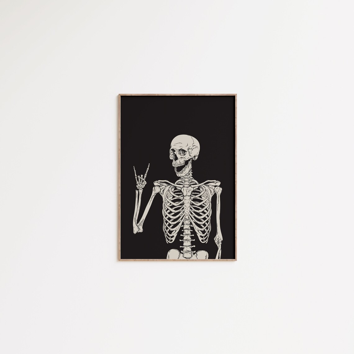 Skeleton Rock On Hand Sign Funny Halloween Skull Metal Music Black Wall Poster - Image 2