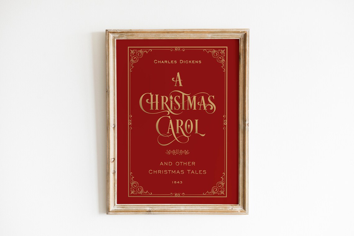 A Christmas Carol Charles Dickens Red Gold Book Cover Holiday Print - Image 3