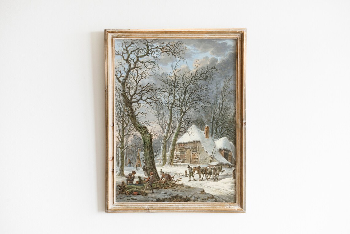 Vintage Winter Landscape Cottage Woodcutters Snowy Village Oil Print - Image 3