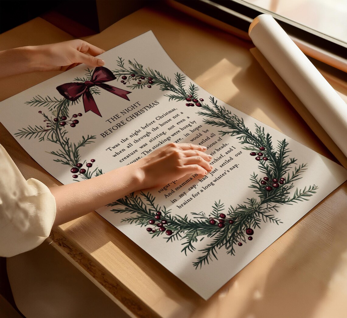 The Night Before Christmas Poem Berry Pine Wreath Burgundy Bow Print - Image 3