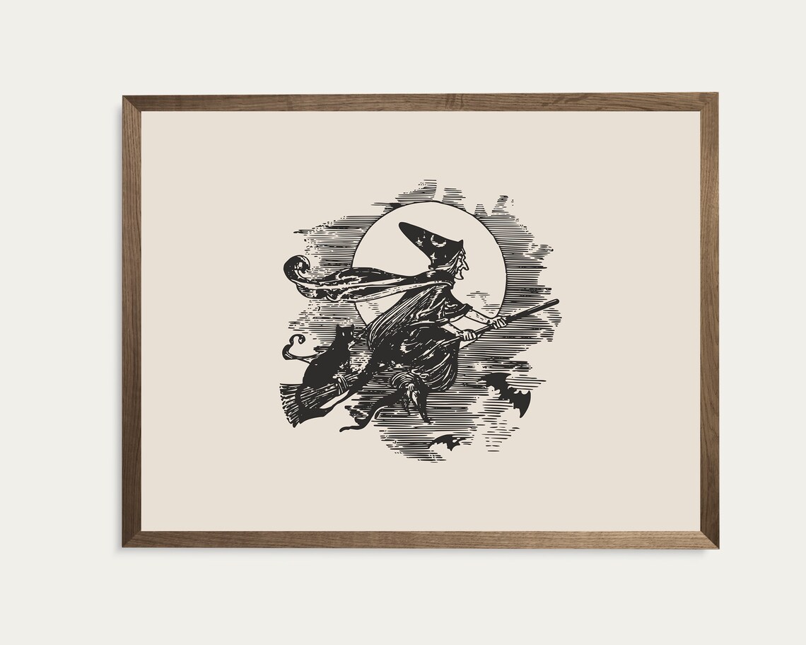 Witch on Broomstick With Black Cat Vintage Halloween Engraving Wall Art - Image 4