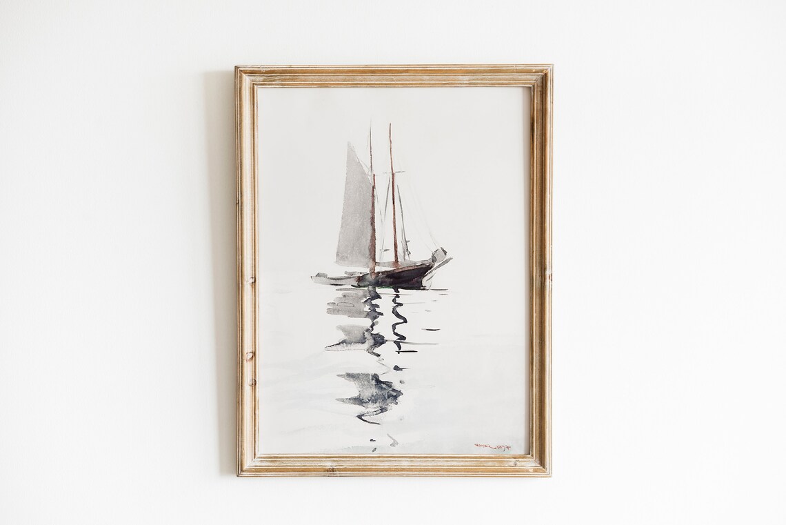 Minimalist Sailboat Watercolor Boat Reflection Monochrome Art Poster