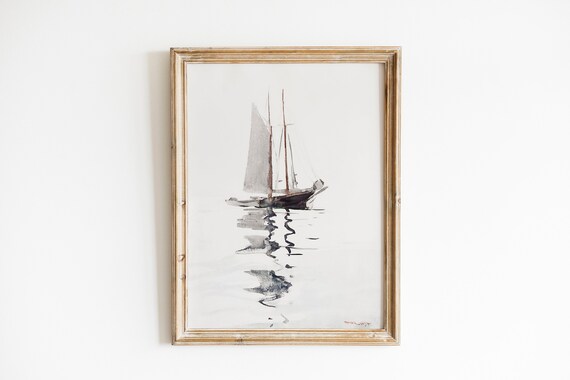 Minimalist Sailboat Watercolor Boat Reflection Monochrome Art Poster