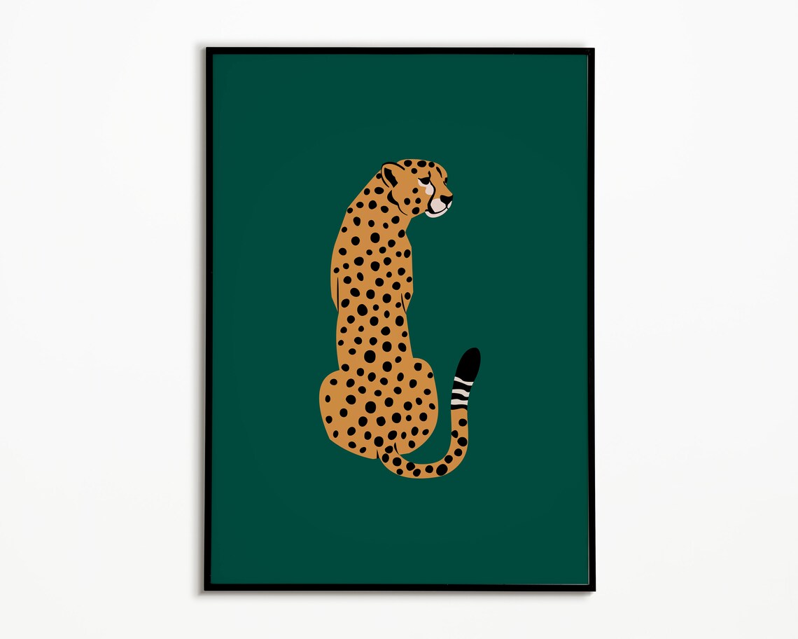 Sitting Cheetah Flat Illustration Dark Green Modern Animal Poster - Image 2