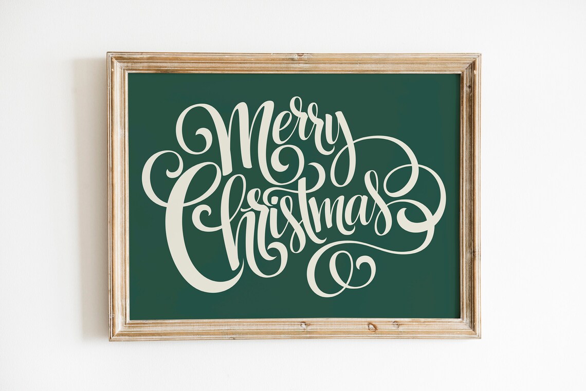 Merry Christmas Calligraphy Script Cream Green Holiday Sign Wall Print - Image 2