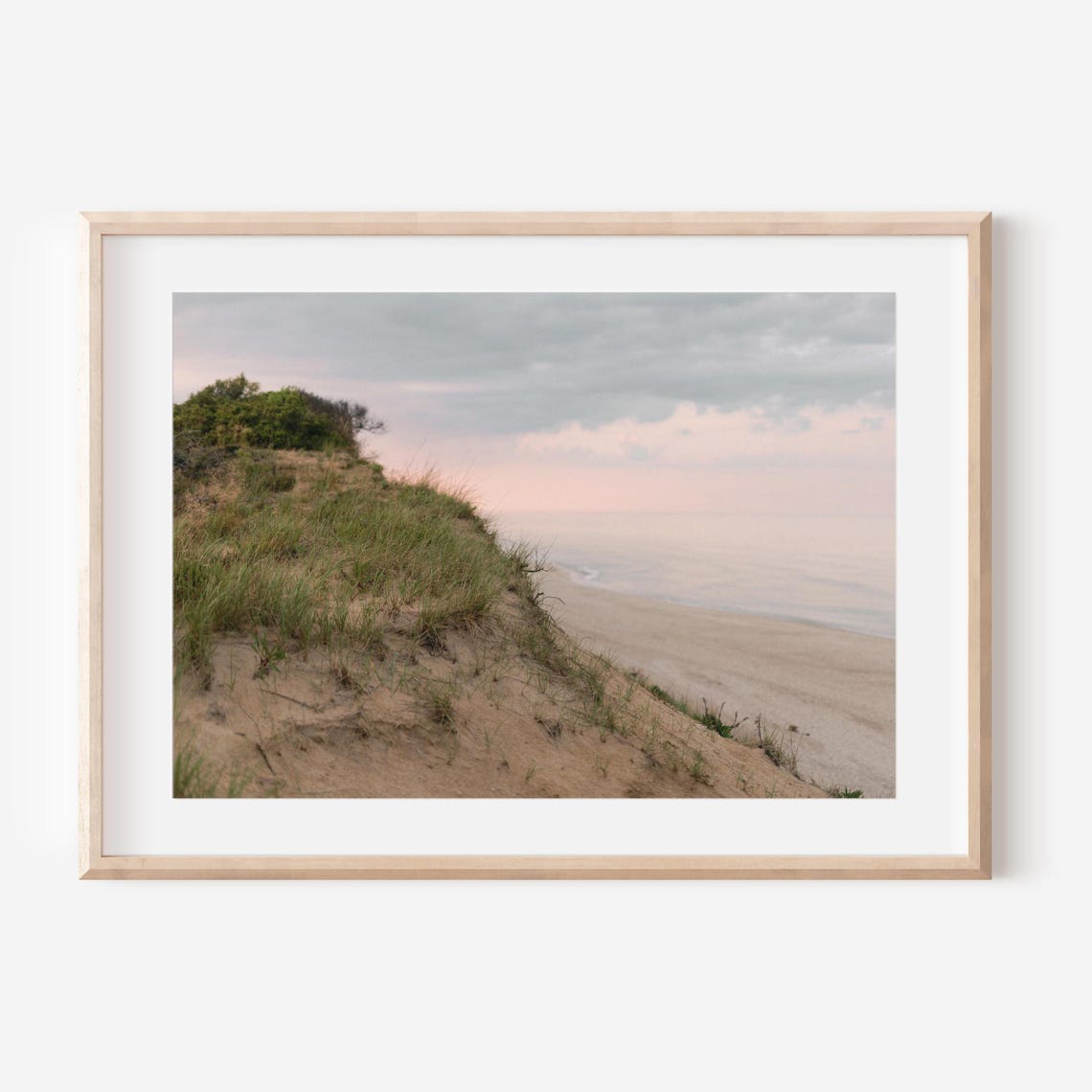 Grassy Beach Dunes Under a Soft Pink Evening Sky Scenic Poster
