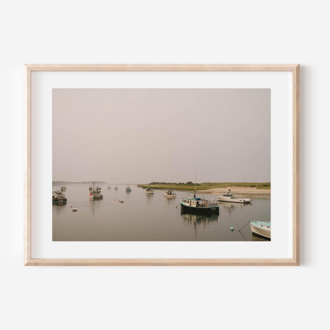 Fishing Boat Fleet Resting at Anchor in a Misty Harbor at Dawn Poster