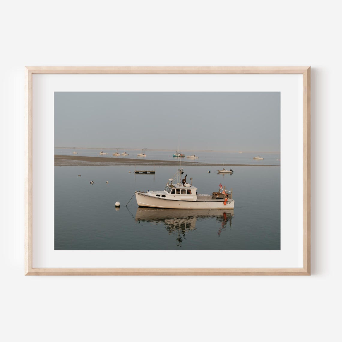 Foggy New England Harbor with Fishing Boats Anchored at Dawn Poster