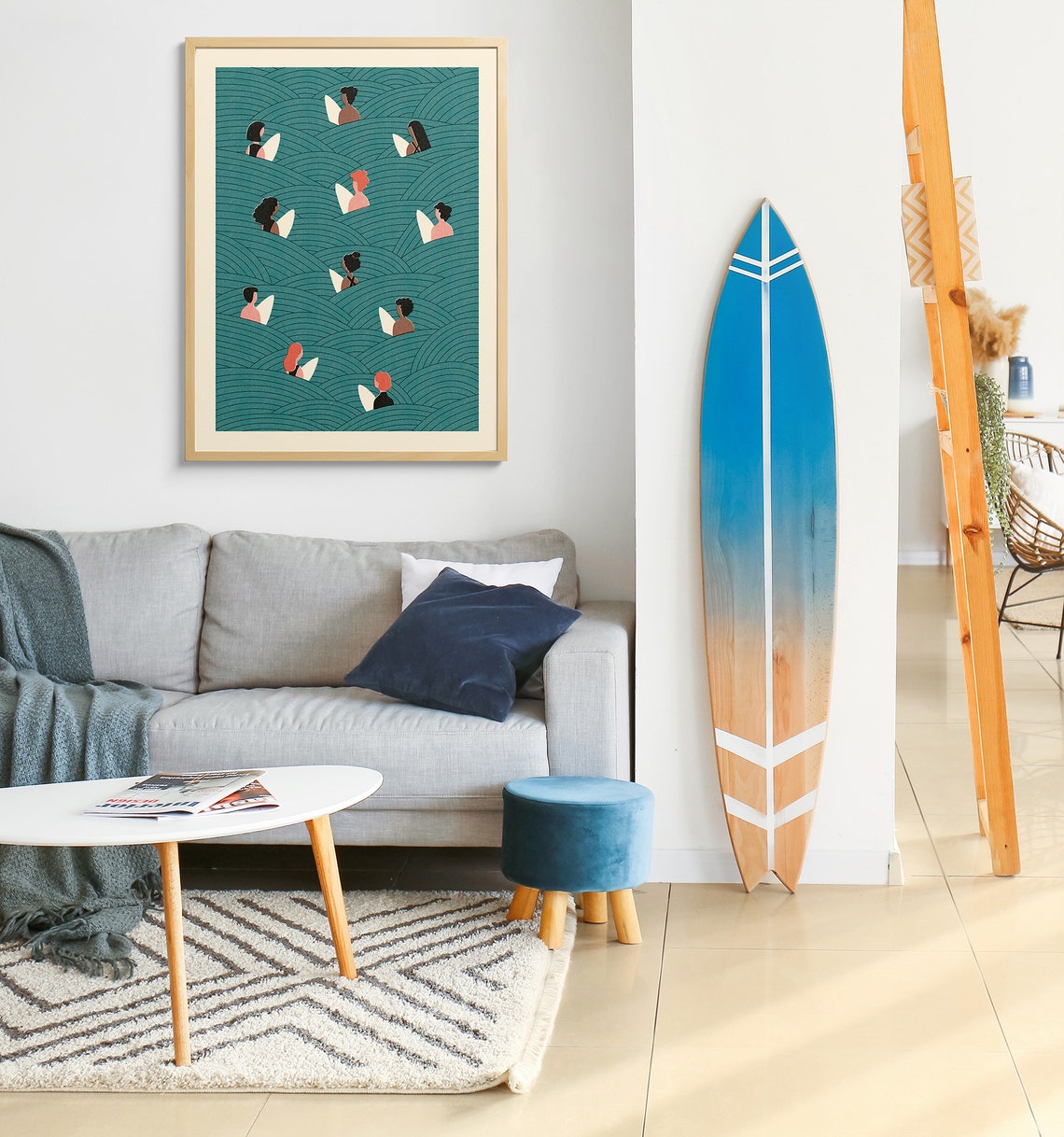 Waiting For The Wave Surfers Teal Ocean Surfboard Art Poster - Image 2