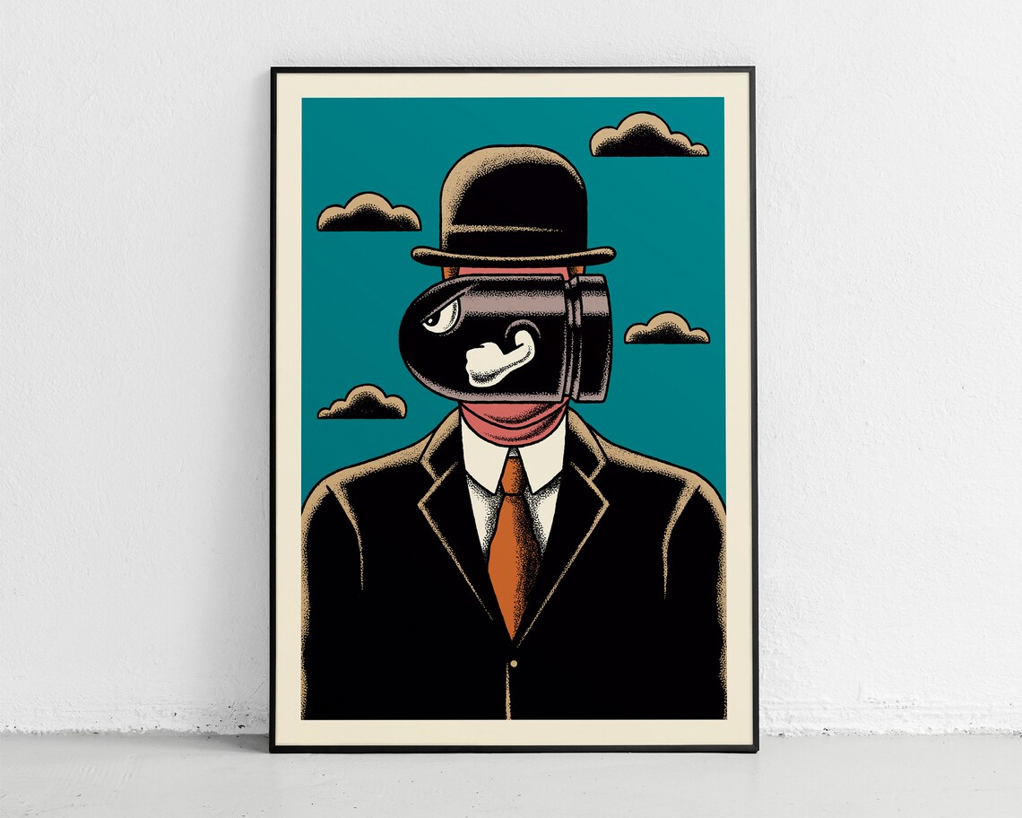 Surrealist Bowler Hat Fuel Pump Teal Quirky Magritte Art Poster