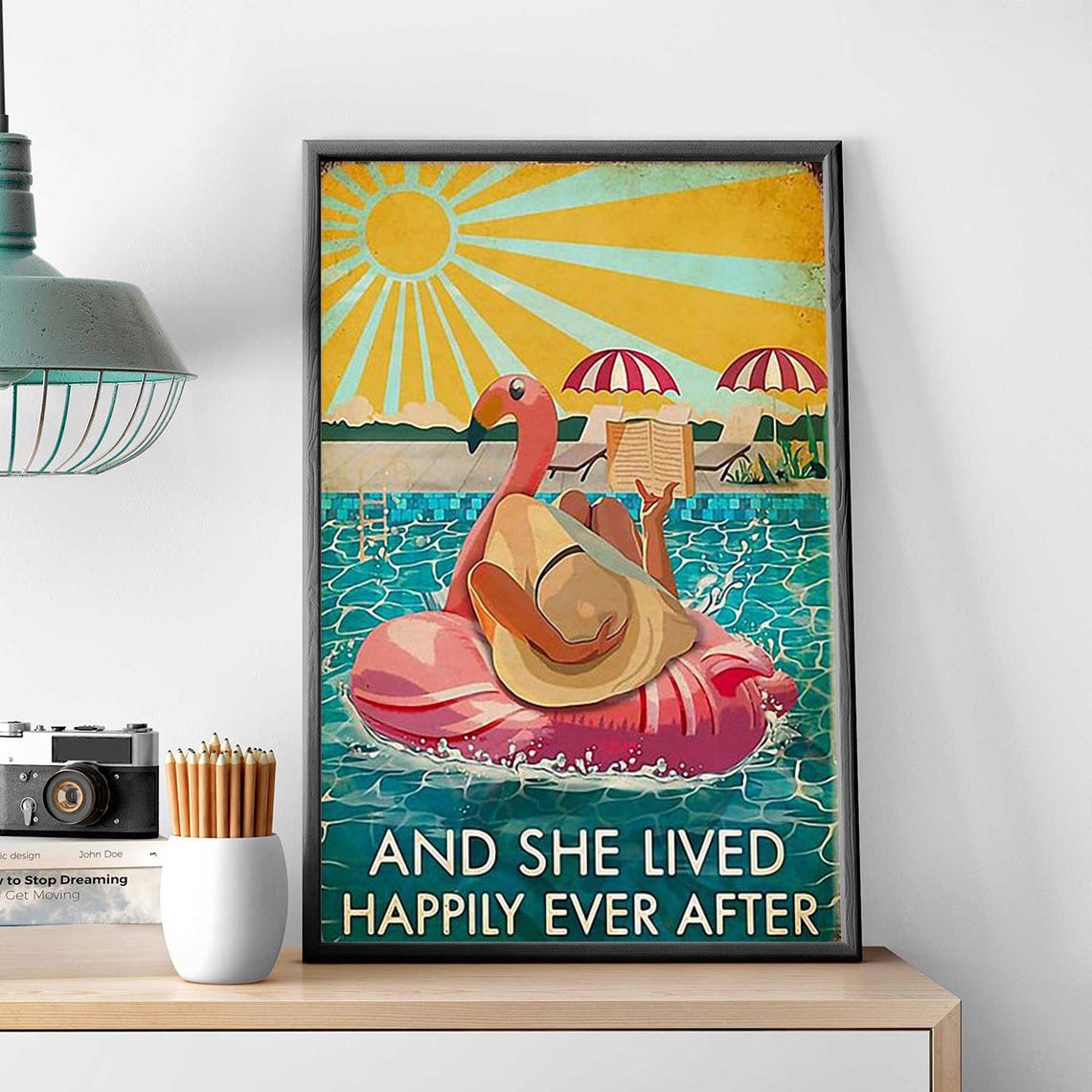 Woman Reading On Flamingo Pool Float Happily Ever After Poster - Image 3