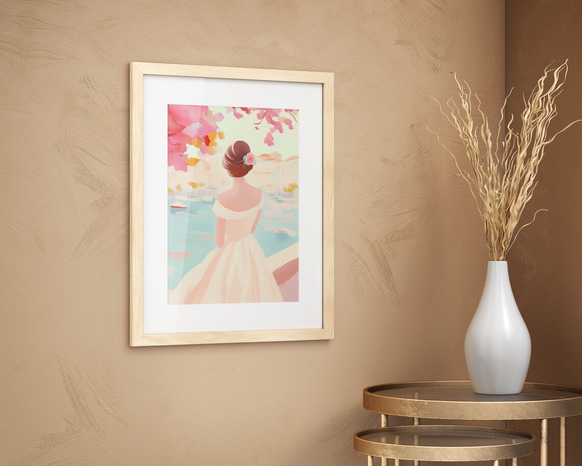 Woman Overlooking Harbor at Dusk Romantic Coastal Art Poster - Image 4