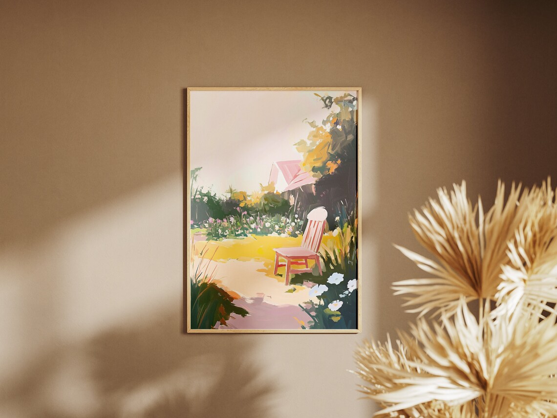 Pink Garden Chair in Sunny Flower Garden Pastel Wall Art Poster - Image 2
