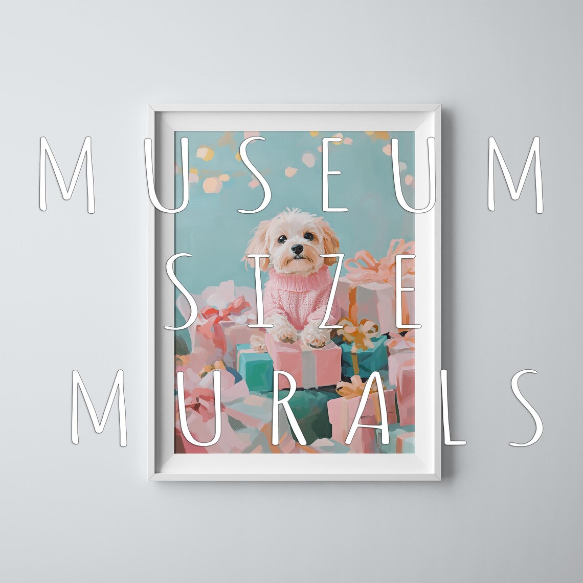 Cream Puppy In Pink Knit Sweater On Pastel Gift Boxes Holiday Poster - Image 3