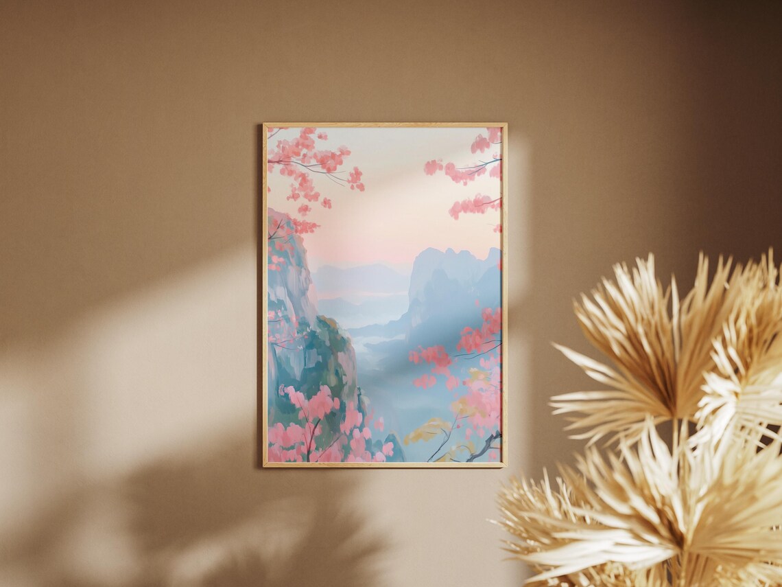 Pink Cherry Blossom Misty Mountain Lake Spring Landscape Art Poster - Image 2