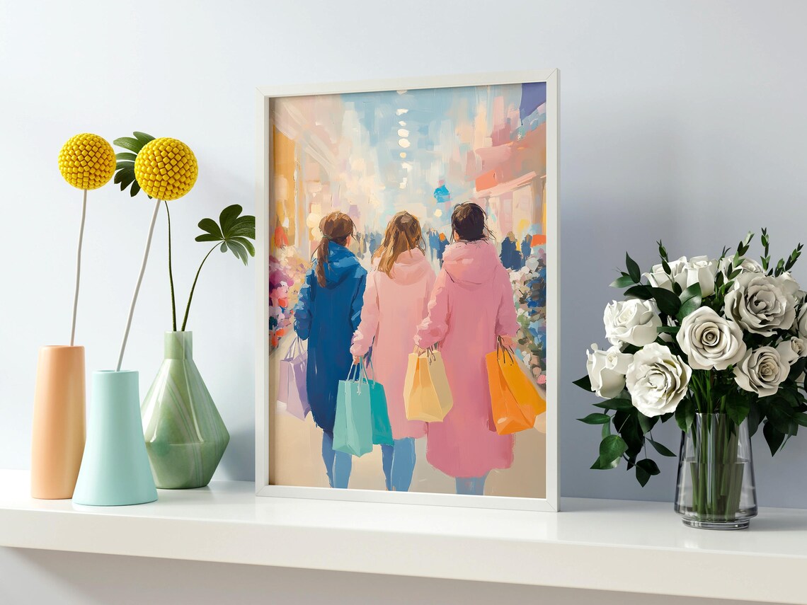 Three Friends With Shopping Bags In A Bright City Street Scene Poster - Image 2