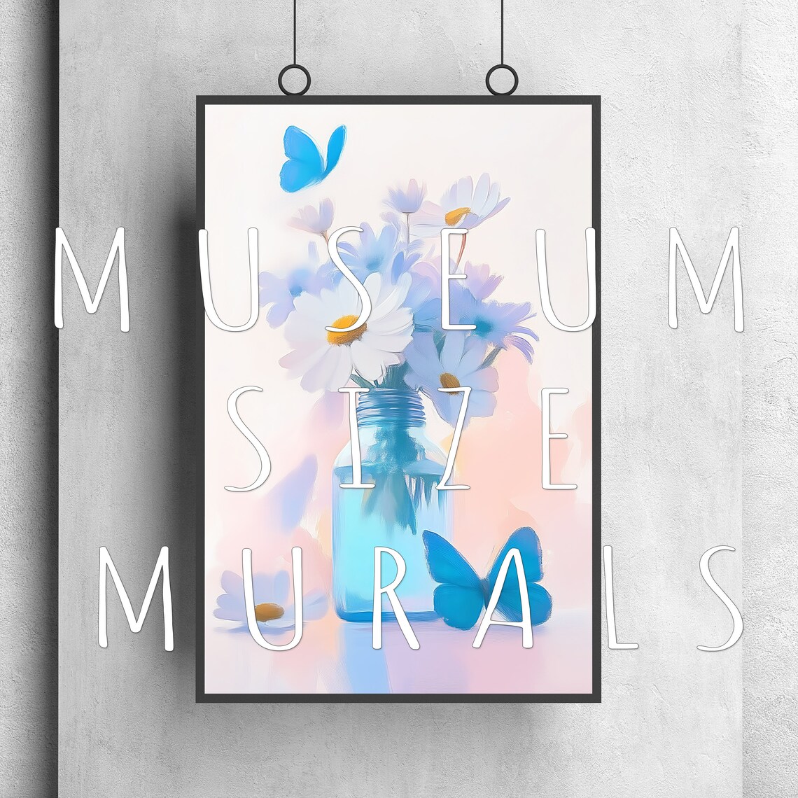 White Daisies In Blue Bottle Vase Blue Butterflies Pastel Print - Image 2