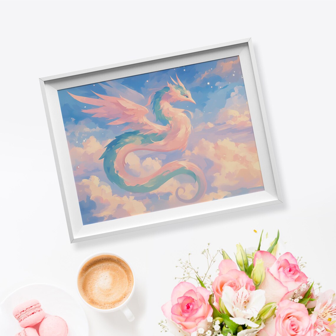 Pastel Cloud Dragon Soaring Pink Teal Sky Fantasy Creature Art Poster - Image 5