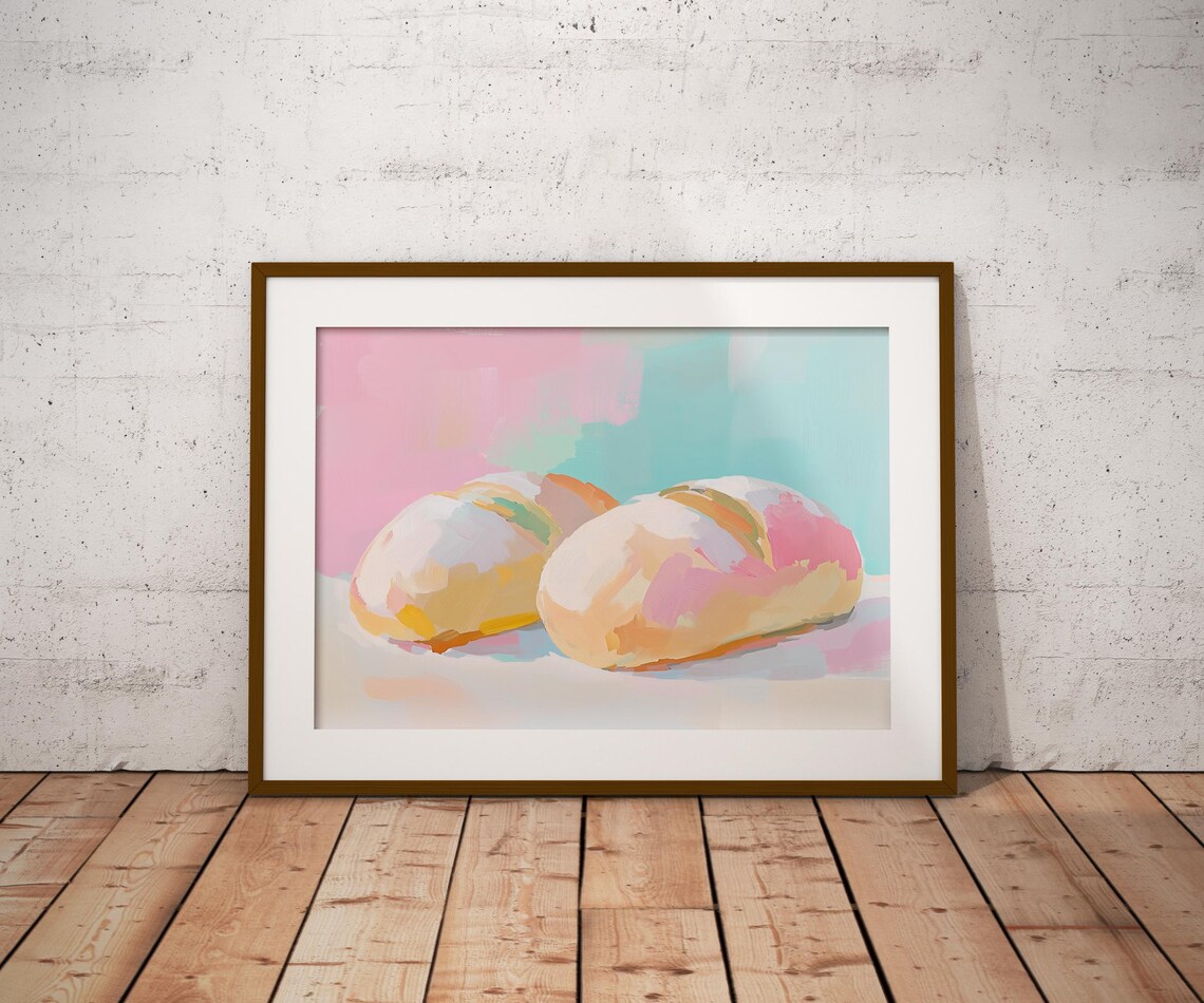 Fresh Bread Loaves Pastel Still Life Painting Pink Mint Kitchen Poster - Image 2
