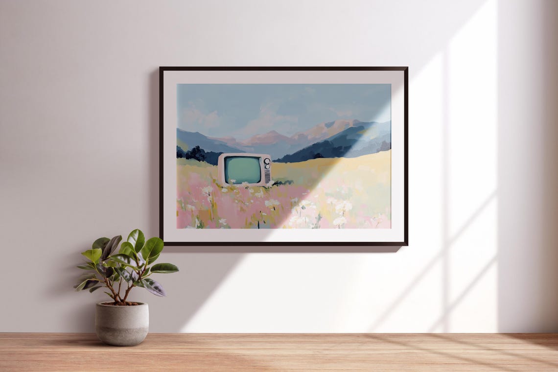 Pastel Tv In Nature Art Tv In Flowers Painting Soft Pastel Flowers Tv In Flowers Decor Pink Flower Painting Alps Watercolor Wall Art - Image 3