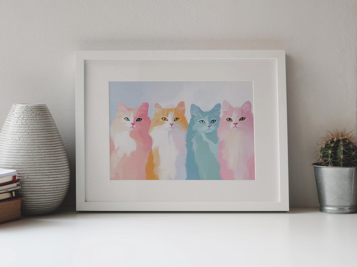 Four Pastel Cats Pink Orange Blue Row Cute Kitty Portrait Poster - Image 4