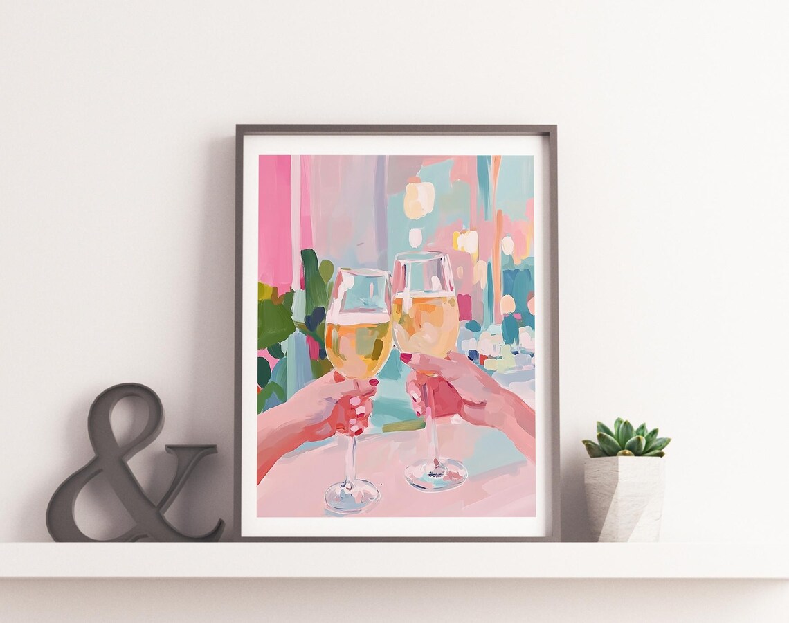 Two Friends Toasting White Wine Glasses Pastel Cafe Celebration Art Poster - Image 2