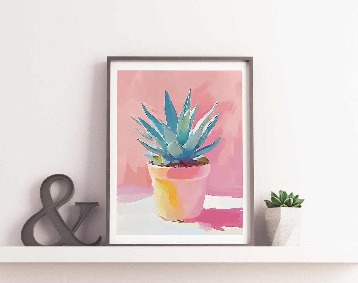 Blue Agave Plant in Terracotta Pot Pastel Pink Botanical Wall Poster - Image 2