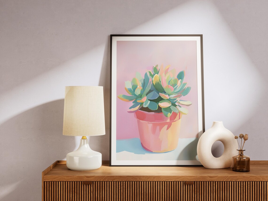 Colorful Succulent In Pink Pot Pastel Botanical Echeveria Art Print - Image 4